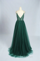 Green V-Neckline Beaded Tulle Floor Length Party Dresses, A-Line Green Evening Prom Dresses