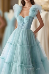 Light Blue Tulle Straps Long Party Dresses Evening Dresses, Light Blue A-Line Evening Prom Dresses