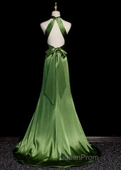 Green Soft Satin Halter Long Evening Dresses Party Dresses, Green A-line Evening Prom Dresses