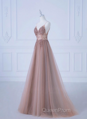 Pink V-Neckline Beaded Straps Long Party Dresses, A-Line Pink Tulle Floor Length Evening Prom Dresses