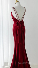 Wine Red Velvet Low Back Straps Long Party Dresses, Wine Red Wedding Party Dresses