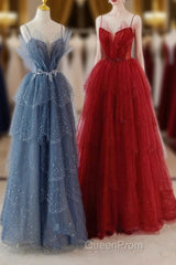 A-Line Tulle Layers Beaded Straps Long Party Dresses, Tulle Evening Prom Dresses Evening Dresses