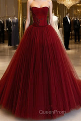 Wine Red Tulle Scoop Long Formal Dresses, Wine Red Tulle Evening Prom Dresses Party Dresses