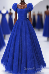 Royal Blue Scoop Tulle Short Sleeves Long Evening Prom Dresses, Royal Blue A-Line Party Dresses