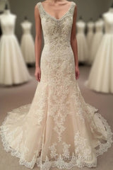 Mermaid Long Champagne Bridal Dresses with Lace