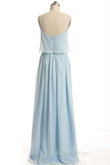 Dusty Blue Chiffon Spaghetti Straps Ruffled Long Bridesmaid Dresses