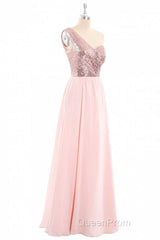 One-Shoulder Sequin and Chiffon A-Line Long Bridesmaid Dresses