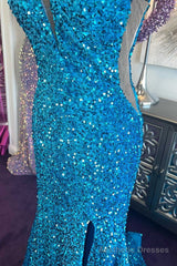 Blue Sequin Plunge V Mermaid Long Prom Dress with Slit