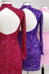 Regency High Neck Long Sleeves Sequins Keyhole Homecoming Dresses