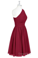 Wine Red Chiffon One-Shoulder Gathered Short Bridesmaid Dresses