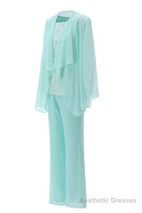 Aqua Three-Piece Chiffon Mother of the Bride Pant Suits