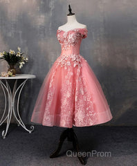 Pink Tulle Lace Off Shoulder Short Evening Prom Dresses, Pink Homecoming Dresses