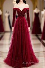 Burgundy Round Neck Tulle Sequin Long Evening Prom Dresses, Tulle Formal Dresses
