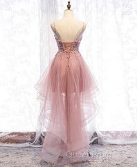 Pink Tulle Lace High Low Evening Prom Dresses, Pink Homecoming Dresses, 1