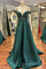 Hunter Green Lace Off-the-Shoulder A-Line Long Evening Prom Dresses
