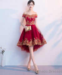 Burgundy Tulle Lace Short Prom Dress High Low Bridesmaid Dress