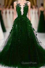 Dark Green Tulle With Lace Deep Neckline Backless Evening Prom Dresses, Dark Green Party Dresses