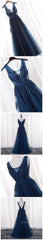 Glamorous Navy Blue Lace Tulle V Neck See Through Evening Prom Dresses