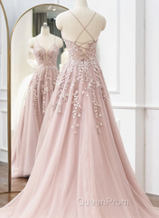 Pink Tulle With Lace Straps Long Party Dresses, Pink Tulle Evening Prom Dresses Evening Dresses