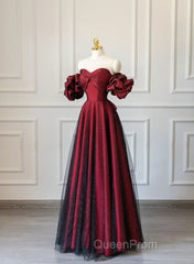 Off Shoulder Wine Red Sweetheart Tulle Evening Prom Dresses, A-line Wine Red Evening Dresses