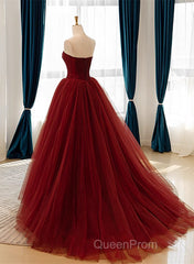 Wine Red Tulle Scoop Long Formal Dresses, Wine Red Tulle Evening Prom Dresses Party Dresses