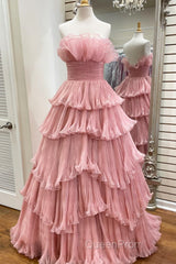 Candy Pink Tulle A-line Strapless Ruffles layers Long Evening Prom Dresses