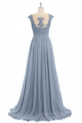 Dusty Blue Lace Cap Sleeve A-Line Floor-Length Bridesmaid Dresses