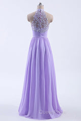 High Neck Lavender Chiffon Empire A-line Long Bridesmaid Dresses