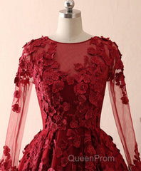 Burgundy Lace Satin Long Evening Prom Dresses, Burgundy Lace Evening Dresses
