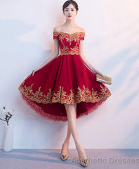 Burgundy Tulle Lace Short Prom Dress High Low Bridesmaid Dress