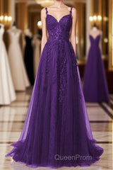 Purple A-Line Tulle Off Shoulder Long Evening Prom Dresses With Lace, Purple Evening Dresses Party Dresses