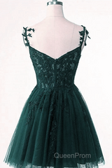 V-Neckline Dark Green Tulle With Lace Short Homecoming Dresses, Green Short Evening Prom Dresses