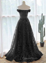 A-Line Off Shoulder Black Tulle With Lace Party Dresses, Black Long Evening Prom Dresses
