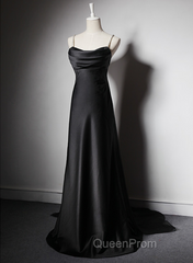 Black Soft Satin A-Line Floor Length Evening Prom Dresses, Black Straps Long Evening Dresses