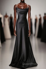Black Soft Satin A-Line Floor Length Evening Prom Dresses, Black Straps Long Evening Dresses