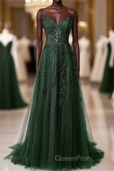 Dark Green Tulle With Lace Beaded Straps Evening Prom Dresses, Green Long Formal Dresses Party Dresses