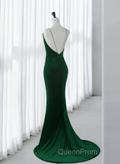 Green Velvet Mermaid Straps Long Formal Dresses, Green Evening Dresses Party Dresses