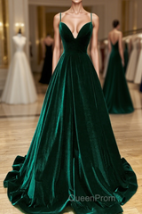 Green V-Neckline Straps Lace-Up A-Line Evening Prom Dresses, Green Velvet Long Evening Prom Dresses