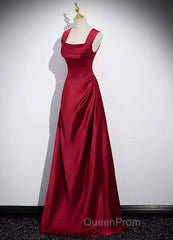 A-Line Sleeveless Wine Red Satin Evening Dresses, Wine Red Long Evening Prom Dresses