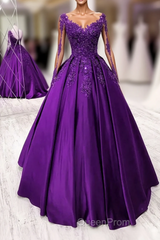 Purple Satin Long Sleeves Evening Prom Dresses Formal Dresses, Lace Applique Sweet 16 Dresses