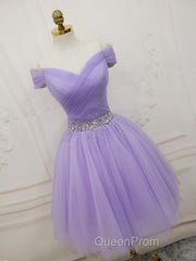 Purple Off Shoulder Tulle Sequin Evening Prom Dresses, Purple Homecoming Dresses