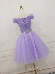 Purple Off Shoulder Tulle Sequin Evening Prom Dresses, Purple Homecoming Dresses