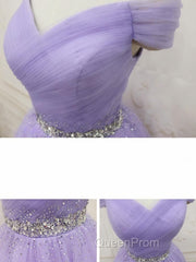 Purple Off Shoulder Tulle Sequin Evening Prom Dresses, Purple Homecoming Dresses