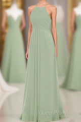 Sage Green Chiffon Halter Backless Long Bridesmaid Dresses