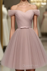 Simple V Neck Tulle Off Shoulder Short Evening Prom Dresses, Pink Homecoming Dresses
