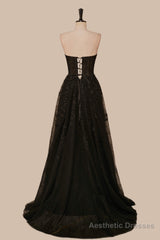 Black Strapless A-line Appliques Tulle Long Prom Dress