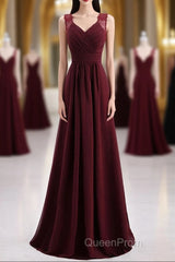 Burgundy Chiffon A-line Pleated Long Bridesmaid Dresses