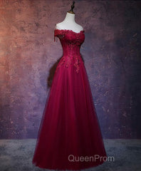 Burgundy Tulle Lace Off Shoulder Long Evening Prom Dresses, Burgundy Lace Evening Dresses