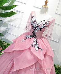 Pink V Neck Tulle Lace Applique Long Evening Prom Dresses, Pink Evening Dresses, 1