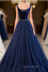 Dark Blue Tulle Long Evening Prom Dresses, Dark Blue Tulle Evening Dresses